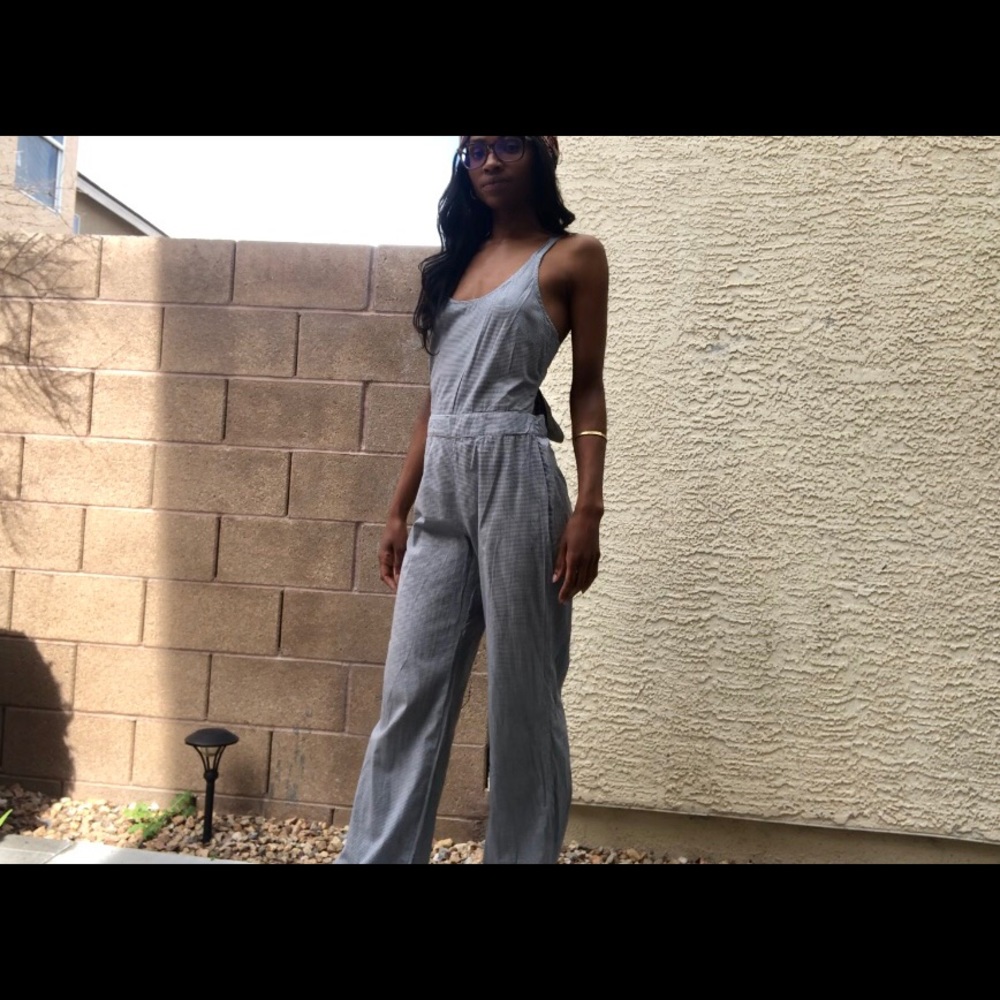 navy and white checkered jumpsuit